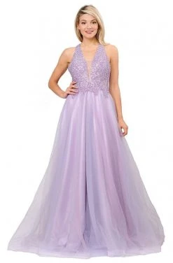 Formal Gowns Poly USA - 8412 Beaded Deep V-neck Ballgown With Strappy Back