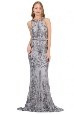 Formal Gowns Poly USA - 8438 Sequined Halter Neck Trumpet Dress