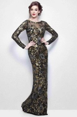 Formal Gowns Primavera Couture - 1401 Embellished Bateau Long Gown - 1 Pc Gunmetal Midnight In Size 8 Available