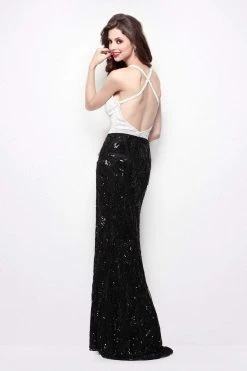 Primavera Couture - 1416 Sleeveless V-Neck Sequined High Slit Gown - 1 Pc Black White In Size 0 Available
