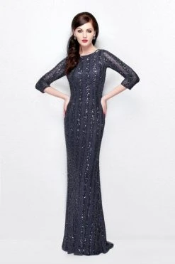 Primavera Couture - 1719 Sheer Quarter Sleeve Embellished Evening Gown - 1 Pc Charcoal In Size 2 Available Formal Gowns