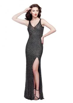 Primavera Couture - 3017 Beaded Illusion V-neck Sheath Dress Formal Gowns