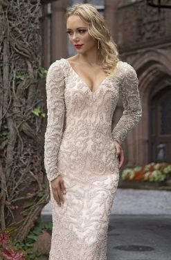 Primavera Couture - 3173 Scroll Motif Beaded Long Sleeve Sheath Gown 10 Primavera Couture - 3173 Scroll Motif Beaded Long Sleeve Sheath Gown