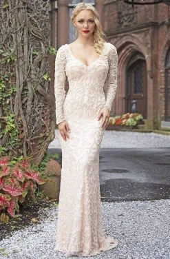 Primavera Couture - 3173 Scroll Motif Beaded Long Sleeve Sheath Gown