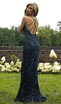 Primavera Couture - 3220 Beaded Trailing Foliage High Slit Gown