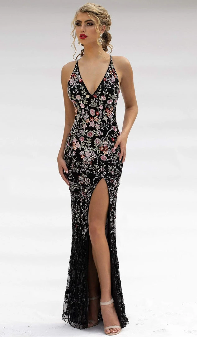 Primavera Couture - 3221 Floral Embellished Backless Sheath Gown 6 Primavera Couture - 3221 Floral Embellished Backless Sheath Gown