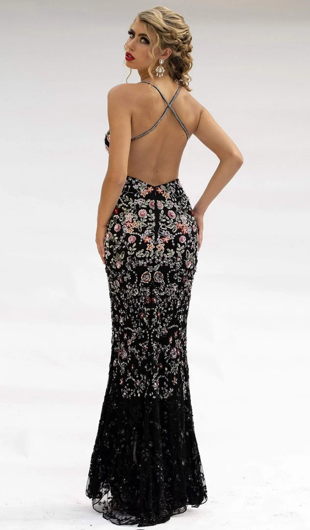 Primavera Couture - 3221 Floral Embellished Backless Sheath Gown 7 Primavera Couture - 3221 Floral Embellished Backless Sheath Gown