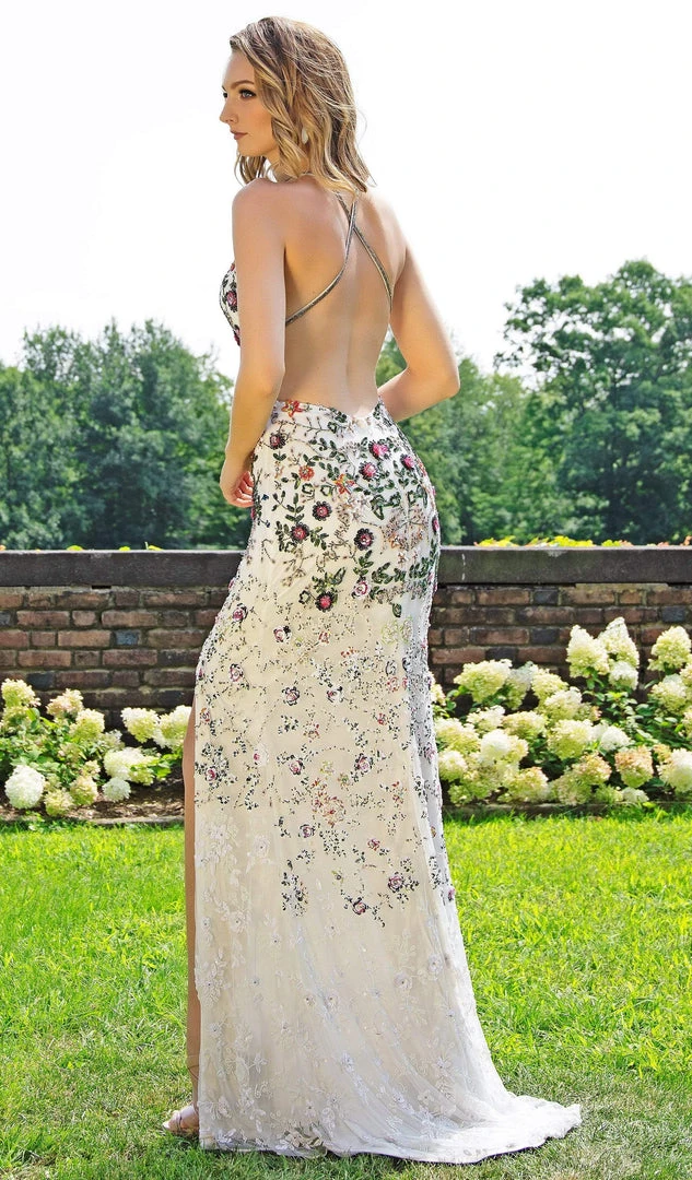 Primavera Couture - 3221 Floral Embellished Backless Sheath Gown 10 Primavera Couture - 3221 Floral Embellished Backless Sheath Gown
