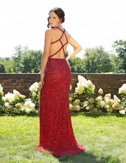 Formal Gowns Primavera Couture - 3241 Sequined Halter Sheath Dress With Slit