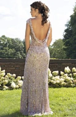 Primavera Couture - 3254 Cowl Back Cap Sleeve Sequined Gown