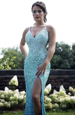 Primavera Couture - 3257 Sequined Plunging V-neck Fitted Dress