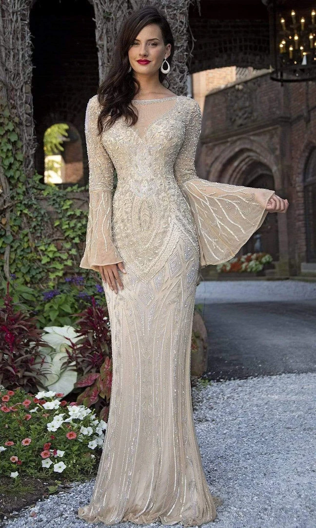 Primavera Couture - 3284 Embellished Long Bell Sleeve Bateau Dress 3 Primavera Couture - 3284 Embellished Long Bell Sleeve Bateau Dress