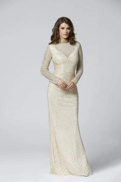 Primavera Couture - 3370 Beaded Long Sleeve High Neck Sheath Dress Formal Gowns
