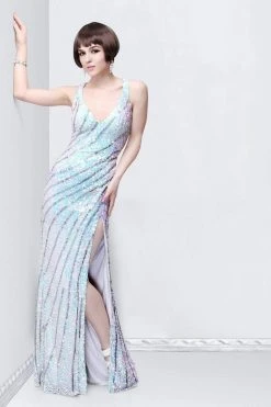 Formal Gowns Primavera Couture - 9830 V-Neck Sequined Striped Evening Gown