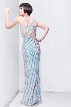 Formal Gowns Primavera Couture - 9830 V-Neck Sequined Striped Evening Gown
