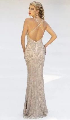 Formal Gowns Primavera Couture - Beaded Ornate Plunging V Neck Evening Gown 3214 - 1 Pc Blush Silver In Size 2 Available 5 Formal Gowns Primavera Couture - Beaded Ornate Plunging V Neck Evening Gown 3214 - 1 Pc Blush Silver In Size 2 Available
