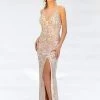 Formal Gowns Primavera Couture - Beaded Ornate Plunging V Neck Evening Gown 3214 - 1 Pc Blush Silver In Size 2 Available