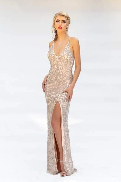 Formal Gowns Primavera Couture - Beaded Ornate Plunging V Neck Evening Gown 3214 - 1 Pc Blush Silver In Size 2 Available 3 Formal Gowns Primavera Couture - Beaded Ornate Plunging V Neck Evening Gown 3214 - 1 Pc Blush Silver In Size 2 Available