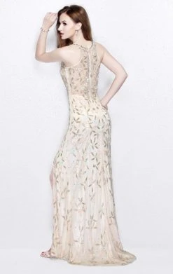 Formal Gowns Primavera Couture - Beaded V-Neck Long Dress With Slit 1865