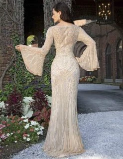 Primavera Couture - Embellished Long Bell Sleeve Bateau Dress 3284 - 1 Pc Beige In Size 2 Available