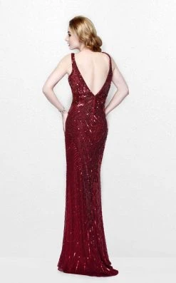 Formal Gowns Primavera Couture - Geometric Adorned Plunging V-Neck Sheath Gown 1579