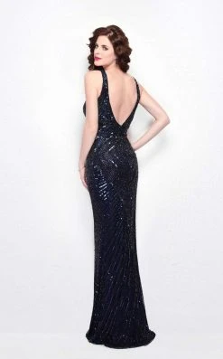 Formal Gowns Primavera Couture - Geometric Adorned Plunging V-Neck Sheath Gown 1579