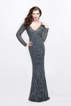 Formal Gowns Primavera Couture - Long Sleeves V-Neck Sequined Gown 1746 8 Formal Gowns Primavera Couture - Long Sleeves V-Neck Sequined Gown 1746