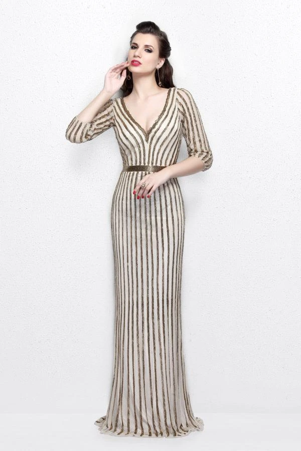 Formal Gowns Primavera Couture - Quarter Sleeves V-Neck Stripes Long Dress 1758 3 Formal Gowns Primavera Couture - Quarter Sleeves V-Neck Stripes Long Dress 1758
