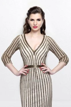 Formal Gowns Primavera Couture - Quarter Sleeves V-Neck Stripes Long Dress 1758 8 Formal Gowns Primavera Couture - Quarter Sleeves V-Neck Stripes Long Dress 1758