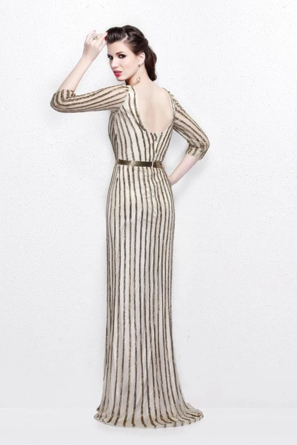 Formal Gowns Primavera Couture - Quarter Sleeves V-Neck Stripes Long Dress 1758 5 Formal Gowns Primavera Couture - Quarter Sleeves V-Neck Stripes Long Dress 1758