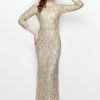 Primavera Couture - Regal Sequined Long Sleeves Bateau Sheath Gown 1747
