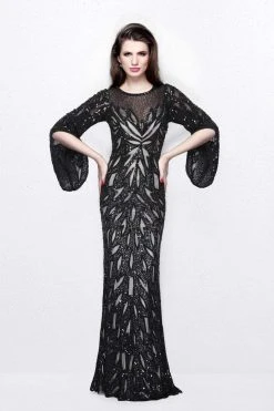 Primavera Couture - Sequined Bell Sleeves Contrast Illusion Sheath Gown 1717