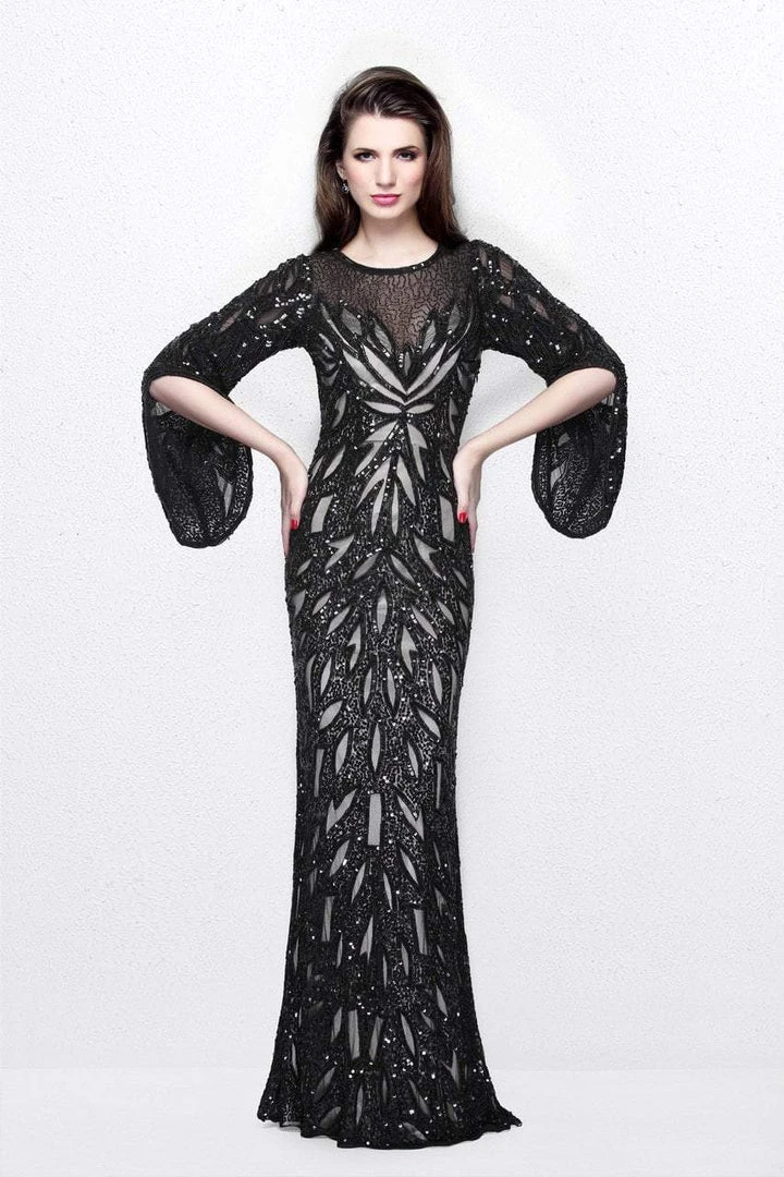 Primavera Couture - Sequined Bell Sleeves Contrast Illusion Sheath Gown 1717 3 Primavera Couture - Sequined Bell Sleeves Contrast Illusion Sheath Gown 1717