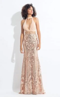 Formal Gowns Rachel Allan - 6190 Plunging Halter Sequined Jersey Gown