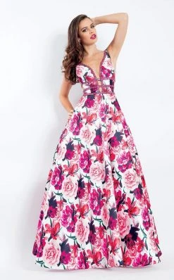 Rachel Allan - 6196 Floral Print Beaded Deep V-neck Ballgown