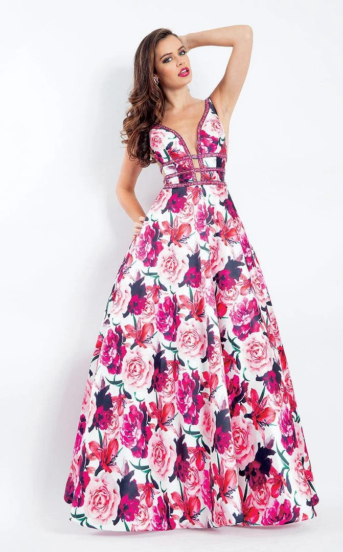 Rachel Allan - 6196 Floral Print Beaded Deep V-neck Ballgown 3 Rachel Allan - 6196 Floral Print Beaded Deep V-neck Ballgown