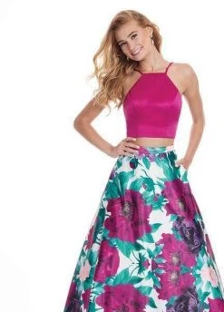 Formal Gowns Rachel Allan - 6438 Two Piece Floral Halter A-Line Gown