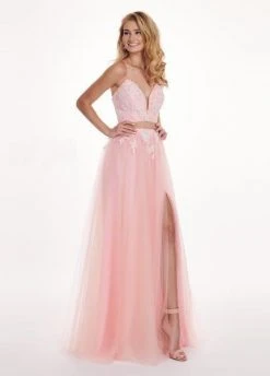 Rachel Allan - 6466 Lace Deep V-neck Tulle A-line Dress