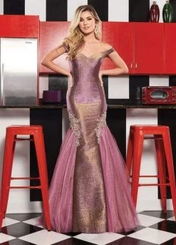 Rachel Allan - 6518 Two-Toned Metallic Off Shoulder Trumpet Gown