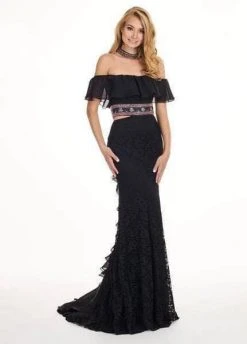 Formal Gowns Rachel Allan - 6563 Sheer Ruffled Off-Shoulder Long Dress - 1 Pc Black In Size 10 Available