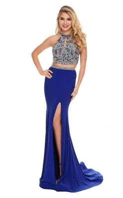 Rachel Allan - 6641 Two-Piece Beaded Halter High Slit Gown