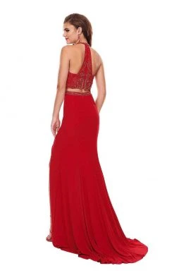 Rachel Allan - 6641 Two-Piece Beaded Halter High Slit Gown