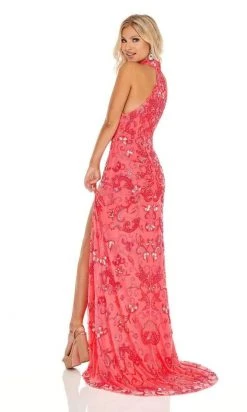 Rachel Allan - 70000 High Neck Beaded Long Dress - 1 Pc Neon Pink Coral In Size 6 Available