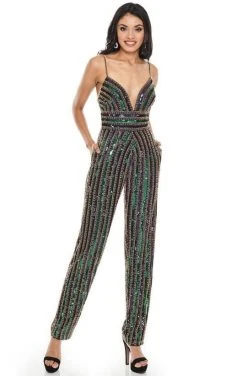 Rachel Allan - Beaded Formal Jumpsuit 7028 - 1 Pc Navy Gold Multi In Size 00 Available