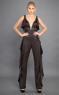 Rachel Allan Couture - 8308 Embellished Deep V-neck Jumpsuit