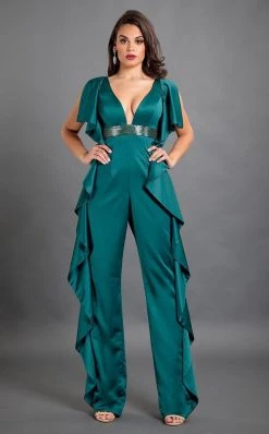 Rachel Allan Couture - 8308 Embellished Deep V-neck Jumpsuit