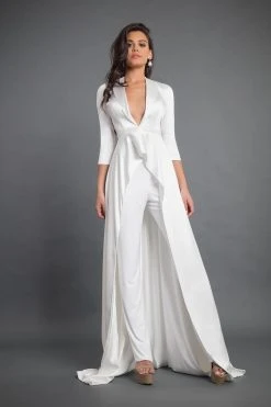 Rachel Allan Couture - 8349 Plunging V-neck Satin Jumpsuit