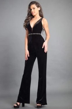 Homecoming Dresses Rachel Allan Couture - 8353 Plunging V-Neck Jumpsuit With Jacket