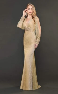 Rachel Allan Couture - 8402 Long Sleeve Plunging V-neck Trumpet Dress Formal Gowns