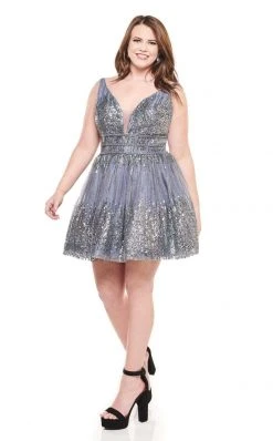 Rachel Allan Curves - 4832 Embellished Deep V-neck Tulle A-line Dress Cocktail Dresses